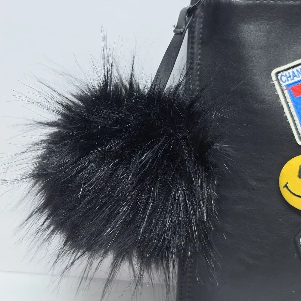 Dream Control Black Large Patched Clutch With Pom Pom Vegan Leather Hipster